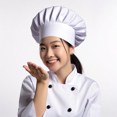 Asian woman chef presenting gesture