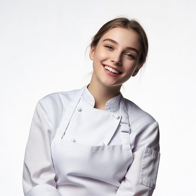 Smiling woman in white chef uniform
