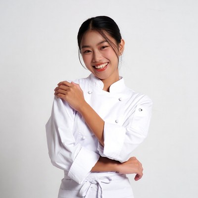 Asian woman in white chef uniform