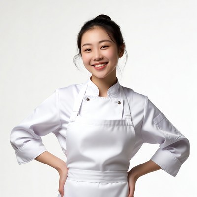 Asian woman chef smiling with hands on hips