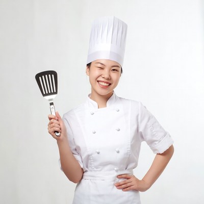 Asian woman chef holding spatula
