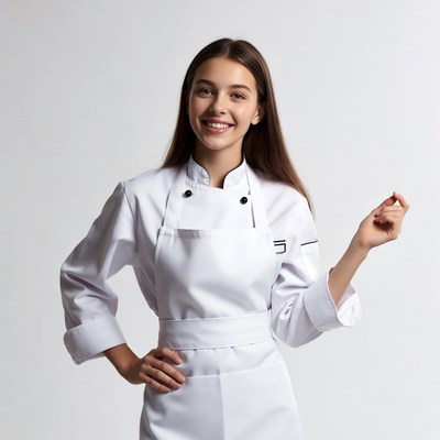 Young woman in white chef uniform