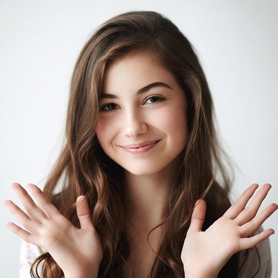 Smiling girl raising hands