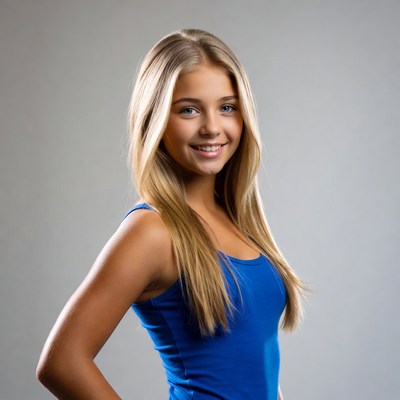 Blonde girl smiling in blue tank top