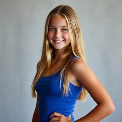 Teen girl smiling in blue tank top