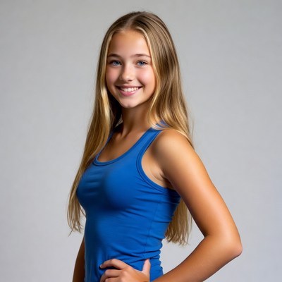 Teen girl smiling in blue tank top