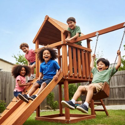 Diverse kids playing on wooden playground