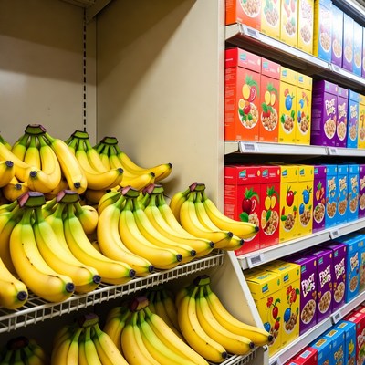 Bananas and cereal boxes in grocery store