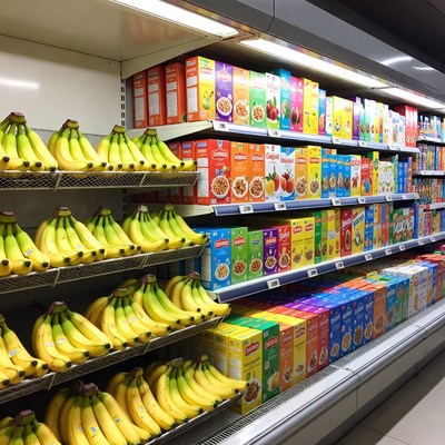 Grocery Store Cereal and Banana Shelves