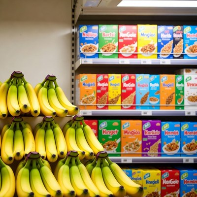 Banana Stack Next to Cereal Aisle