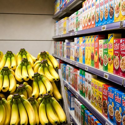 Bananas in front of grocery store shelves