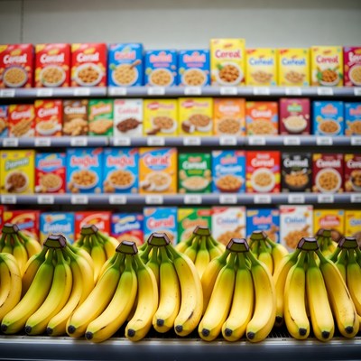 Bananas in front of cereal aisle