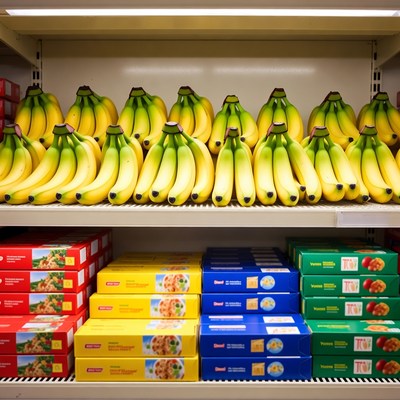 Bananas and packaged foods on supermarket shelf