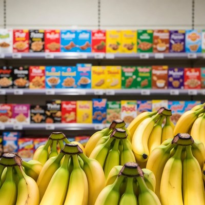 Bananas in front of cereal aisle