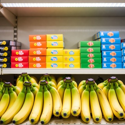 Bananas and Ice Cream Boxes on Supermarket Shelf