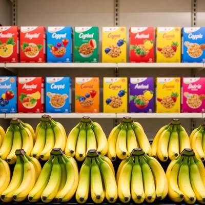 Bananas and Cereal Boxes on Grocery Shelf
