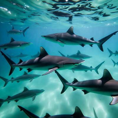 School of Blacktip Sharks Underwater