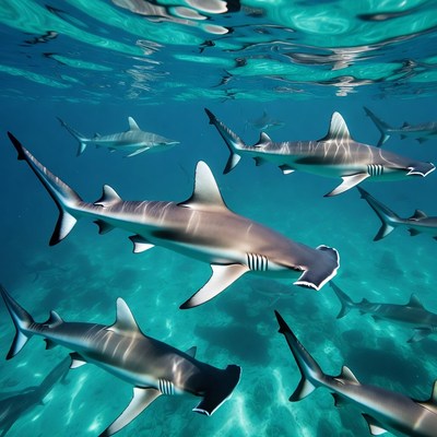 School of hammerhead sharks underwater
