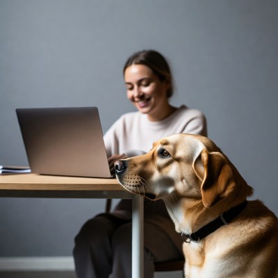 Woman working on laptop with Labrador
