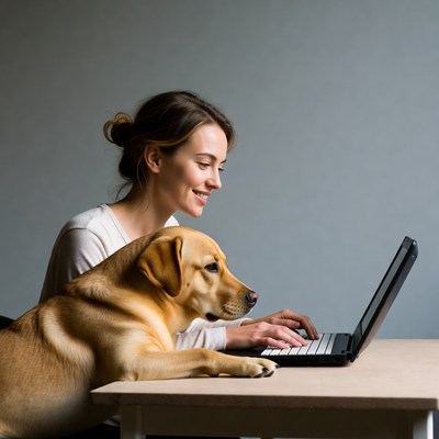 Woman working on laptop with golden retriever