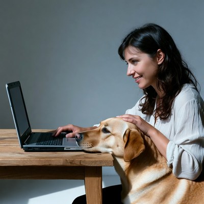 Woman working on laptop with dog