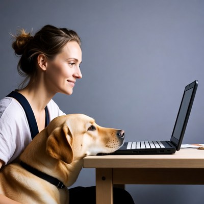 Woman and Golden Retriever at Laptop