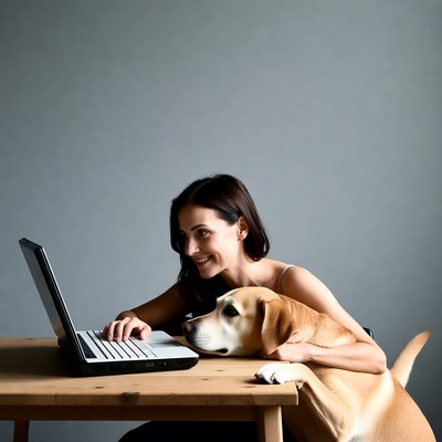 Woman working on laptop with beagle