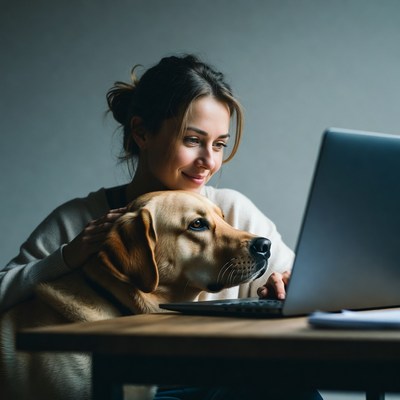 Woman working on laptop with Labrador