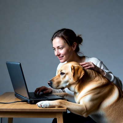 Woman working on laptop with dog
