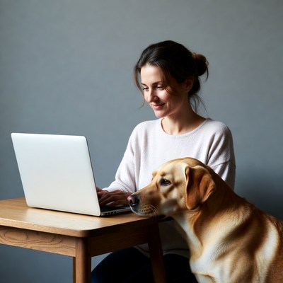 Woman working on laptop with dog