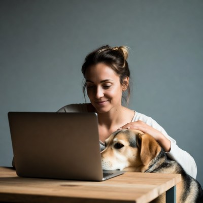 Woman working on laptop with dog