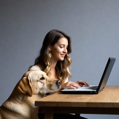 Woman working on laptop with dog