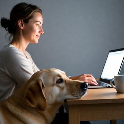 Woman working on laptop with golden retriever