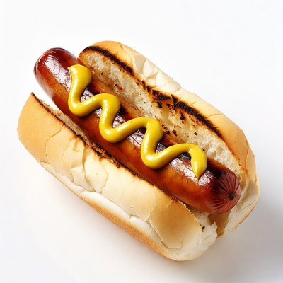 Hot dog with mustard on bun