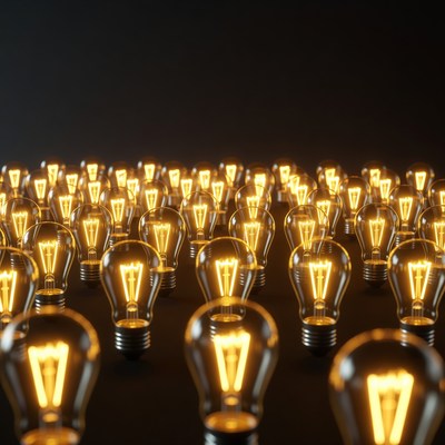 Many Glowing Light Bulbs on Black