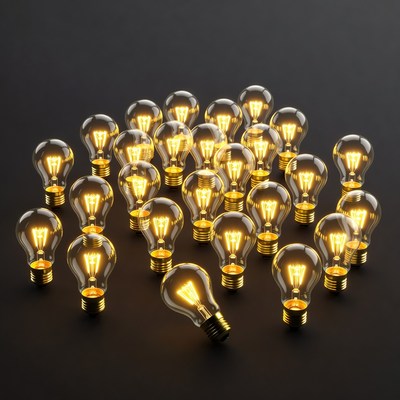 Glowing Light Bulbs on Black Background