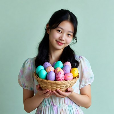Asian girl holding colorful Easter eggs