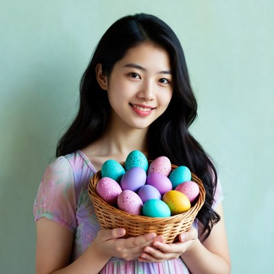 Asian woman holding colorful Easter eggs
