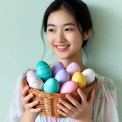 Asian woman holding Easter eggs