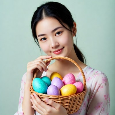 Asian woman holding Easter eggs