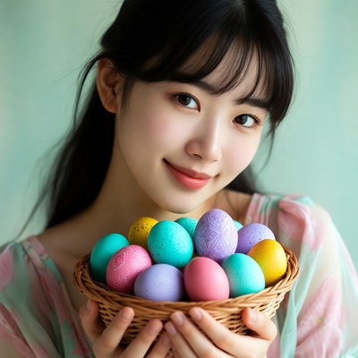 Asian woman holding colorful Easter eggs