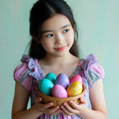 Asian girl holding colorful Easter eggs