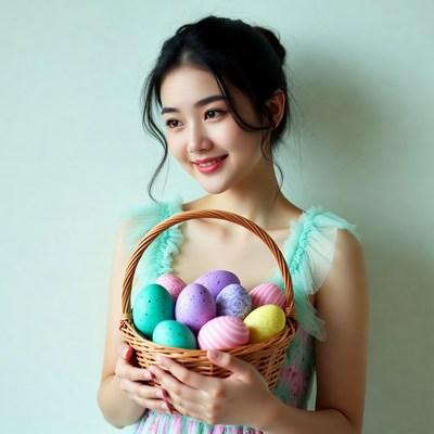 Asian woman holding Easter eggs