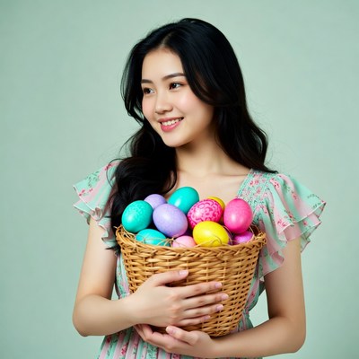 Asian woman holding Easter eggs