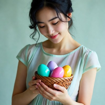 Asian woman holding colorful Easter eggs