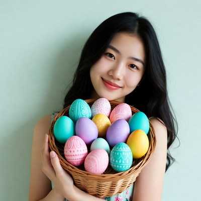 Asian girl holding colorful Easter eggs