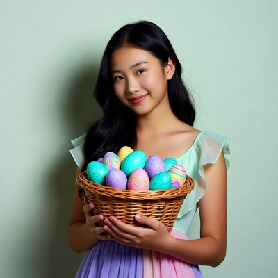 Asian girl holding Easter eggs