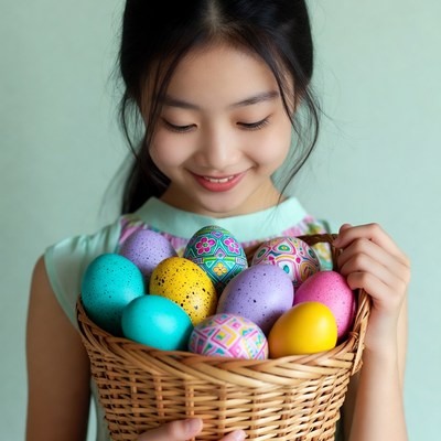 Asian girl holding Easter eggs
