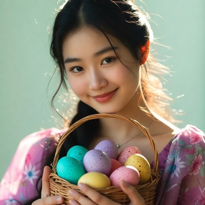 Asian woman holding colorful Easter eggs