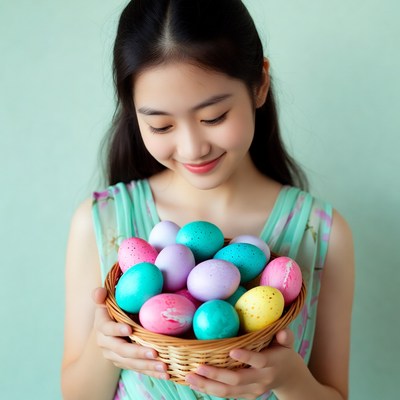 Asian girl holding colorful Easter eggs